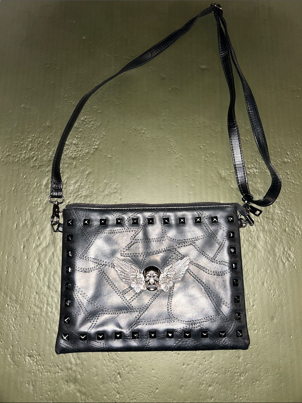 Black Studded Winged Skull Crossbody Bag - Unbranded